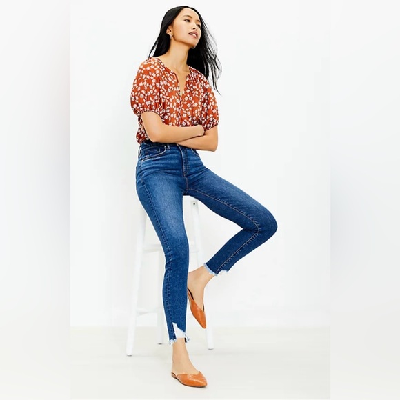 Petite Chewed Hem High Rise Skinny Jeans in Original Mid Indigo Wash - Picture 1 of 6